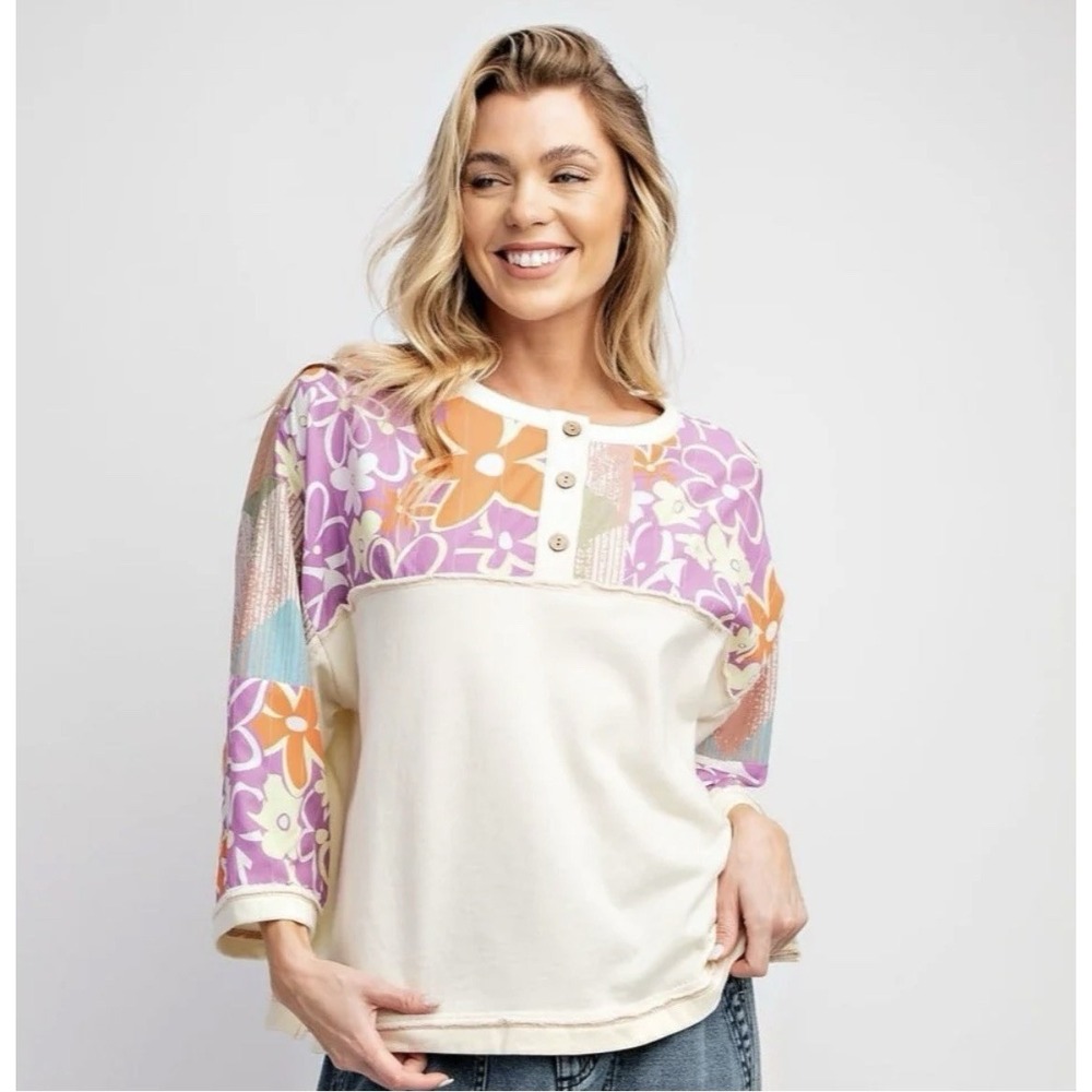 Easel Flower‎ Power Top Sweatshirt L 3/4 Sleeves Henley Boho Floral Casual Vacay